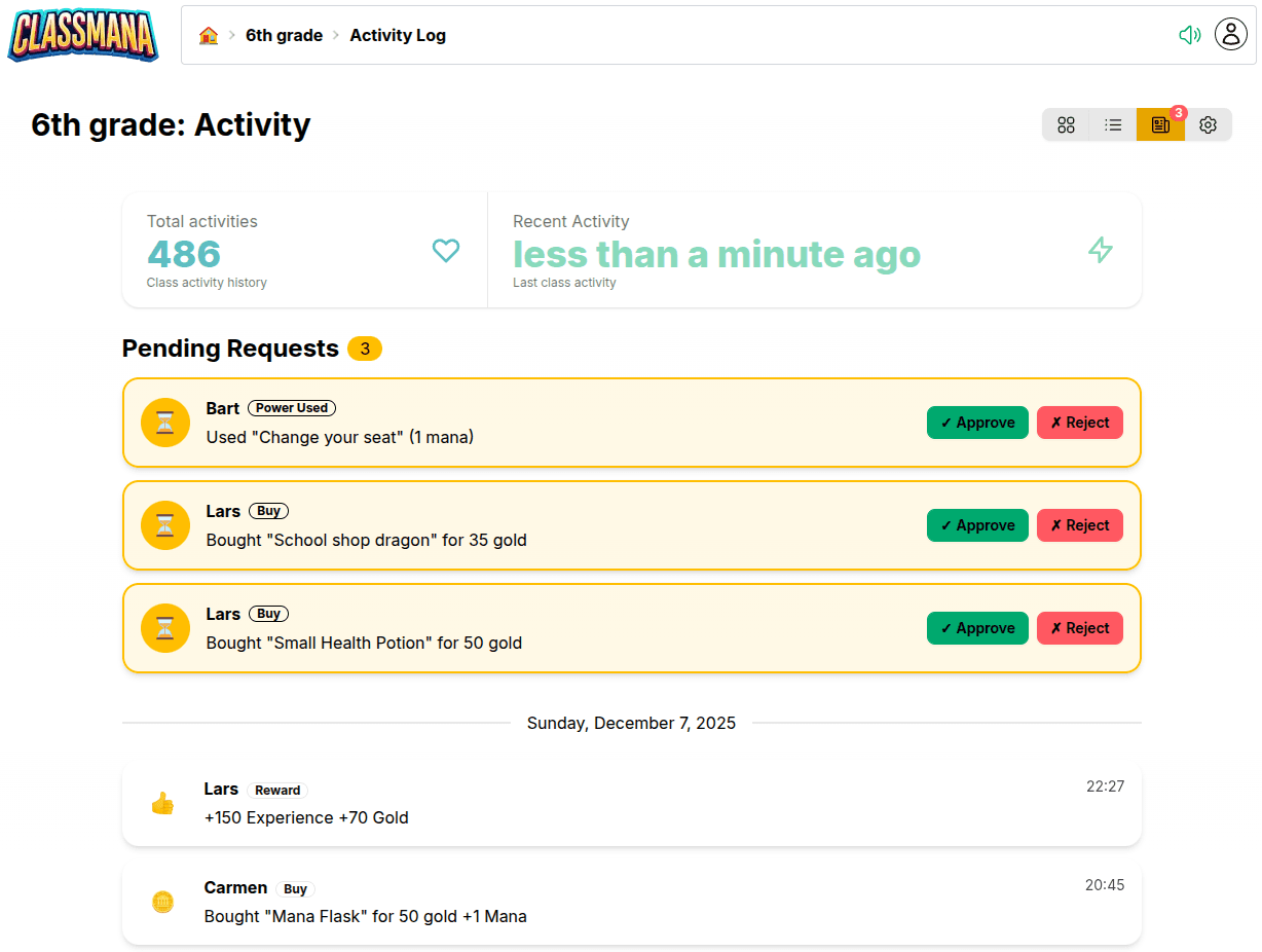Aktivitātes lapa ar gaidošiem pieprasījumiem